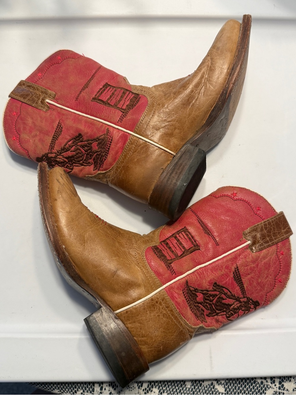 Roper Youth Rodeo Barrel Racer Tan and Pink Leather Cowboy Boots Girls Size 6 - Picture 11 of 12